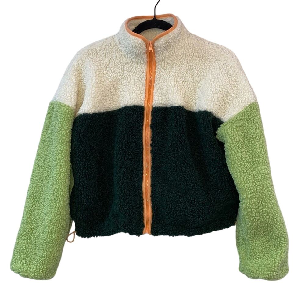 Wild Fable Colorblock Sherpa Fleece Jacket XS Cropped Green Orange Cream NWOT